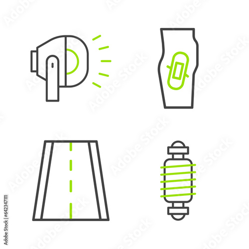 Set line Bicycle suspension, lane, Plaster leg and head lamp icon. Vector