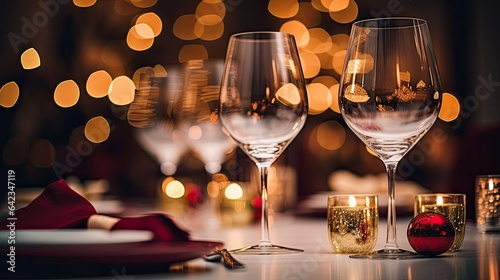 Glasses of wine on a table with Christmas decorations and bokeh