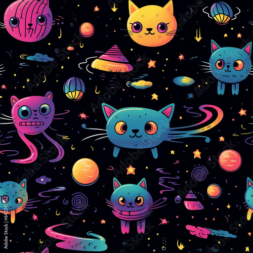 Trippy Psychedelic Alien Cats seamless pattern 