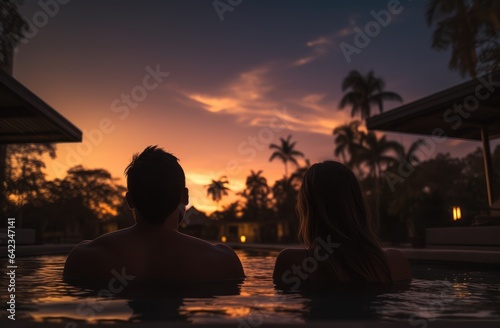 couple sit on pool at sunset on balcony © Tor Gilje