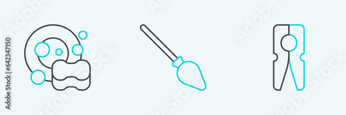 Set line Clothes pin, Washing dishes and Handle broom icon. Vector