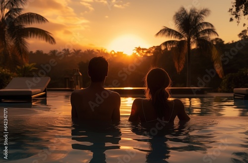 couple sit on pool at sunset on balcony © Tor Gilje