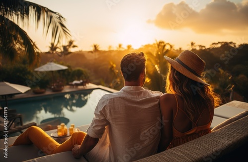 couple sit on pool at sunset on balcony