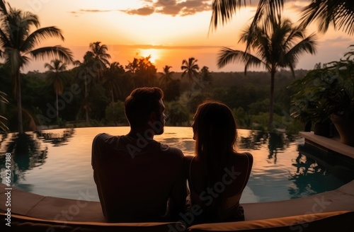 couples enjoying themselves in a tropical setting at sunset