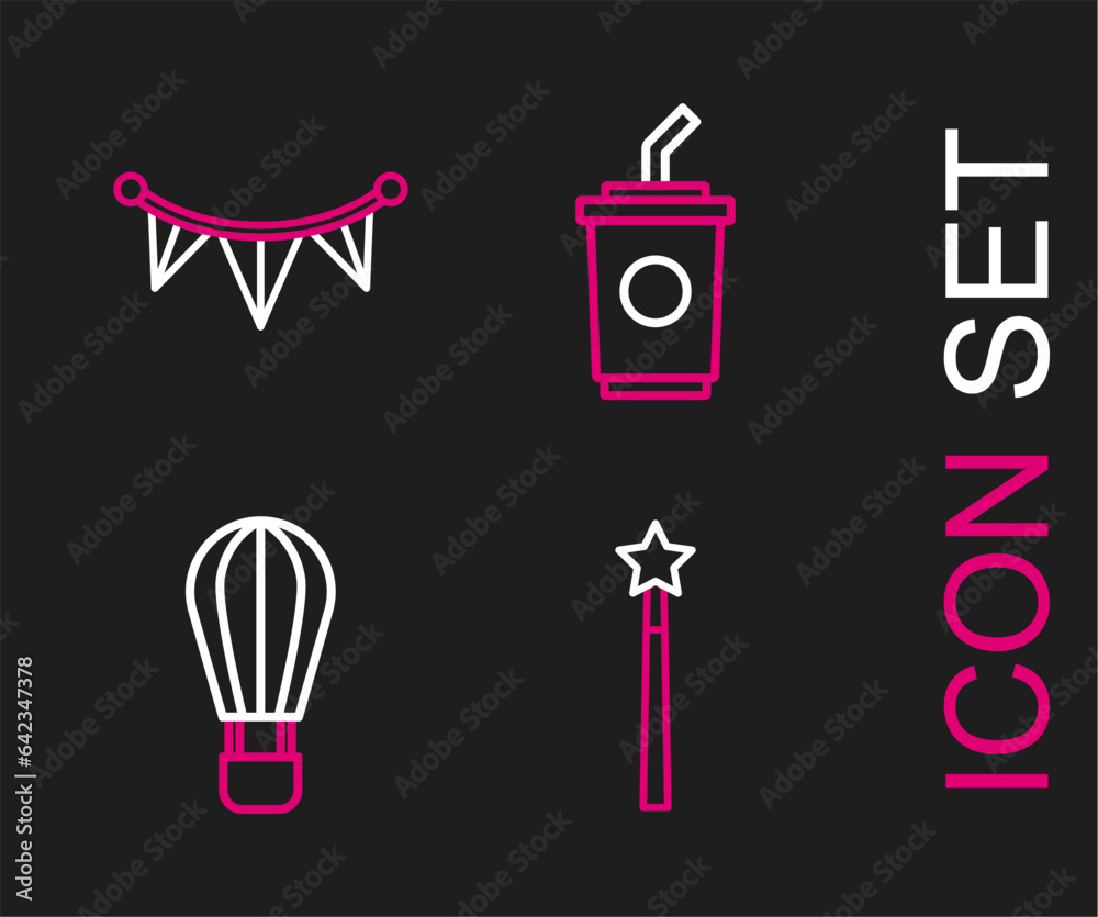 Set line Magic wand, Hot air balloon, Paper glass with water and Carnival garland flags icon. Vector