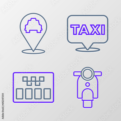 Set line Scooter, Taximeter, Location with taxi and icon. Vector