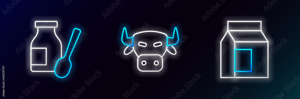 Set line Paper package for milk, Drinking yogurt in bottle and Cow head icon. Glowing neon. Vector