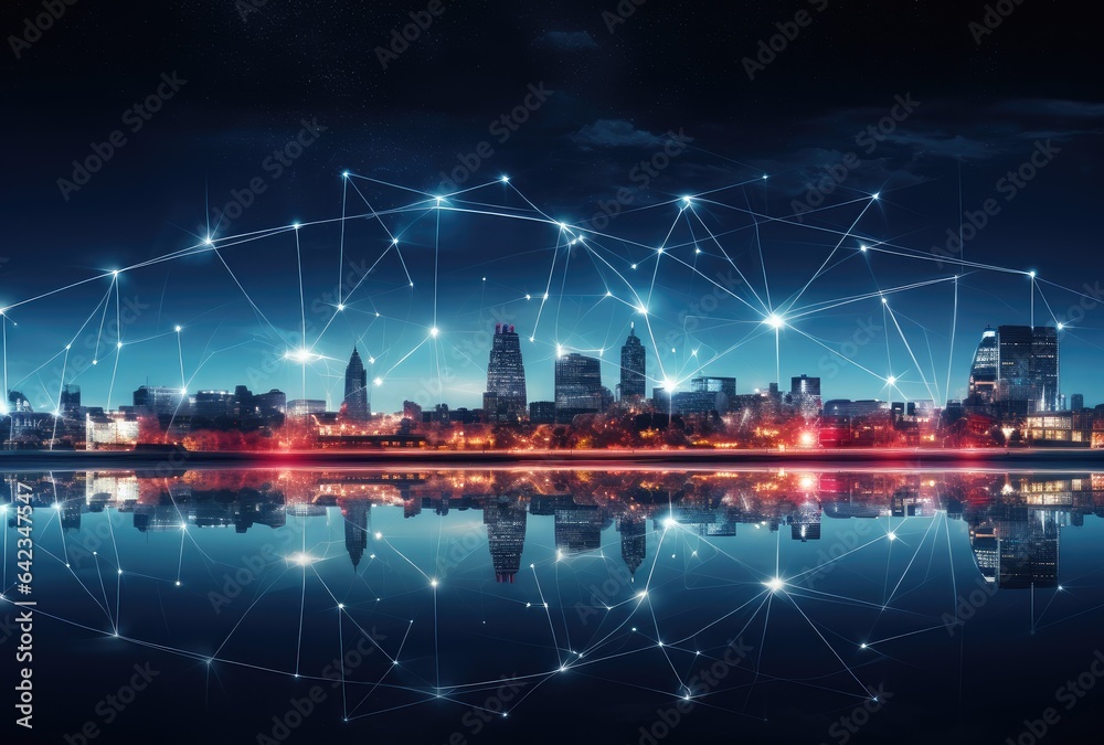  image of the city skyline at night with connected city