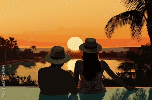 man and woman sitting in the hat at sunset 
