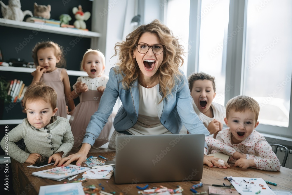mother on laptop with children standing around in office mother on laptop with children standing around in office