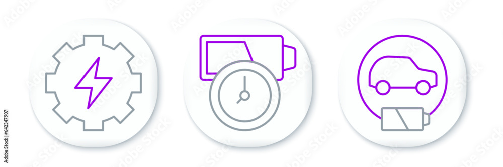 Set line Electric car, Gear and lightning and Battery charge icon. Vector
