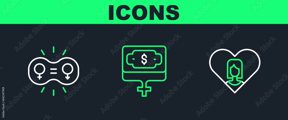 Set line Heart with female, Gender equality and Money growth woman icon. Vector Set line Heart with female, Gender equality and Money growth woman icon. Vector