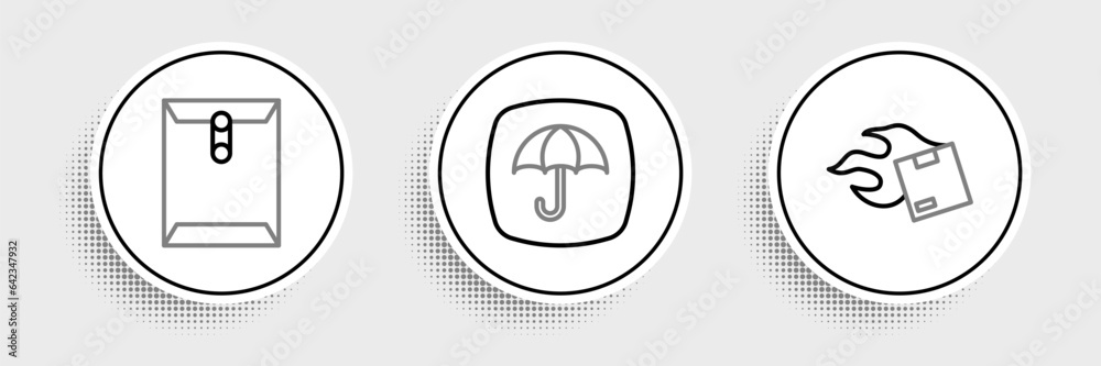 Set line Carton cardboard box, Envelope and Delivery package with umbrella icon. Vector Set line Carton cardboard box, Envelope and Delivery package with umbrella icon. Vector