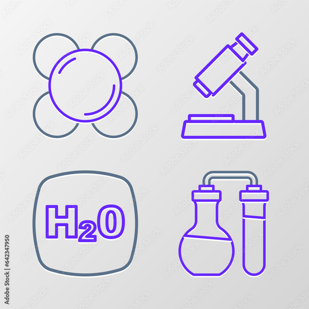 Set line Test tube, Chemical formula H2O, Microscope and Molecule icon. Vector Set line Test tube, Chemical formula H2O, Microscope and Molecule icon. Vector