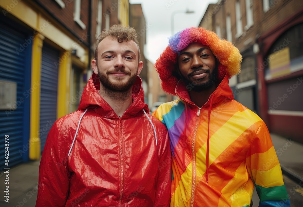 two people wearing rainbow flags standing in the street