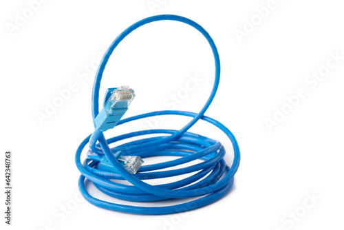 Internet cable, blue patchcord connecting your router to the network, White background © yta