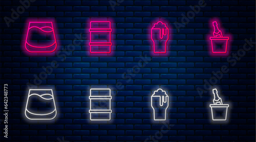 Set line Metal beer keg, Glass of, whiskey and Champagne in an ice bucket. Glowing neon icon on brick wall. Vector