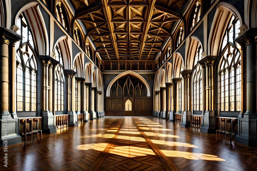 3D rendering of a medieval great hall in a palace or castle