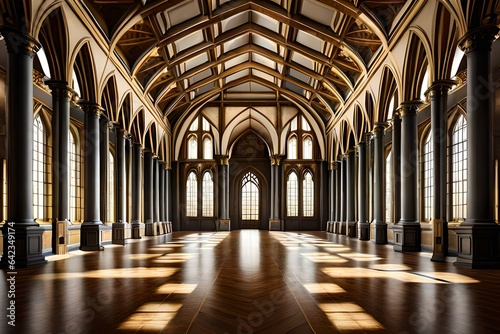 3D rendering of a medieval great hall in a palace or castle