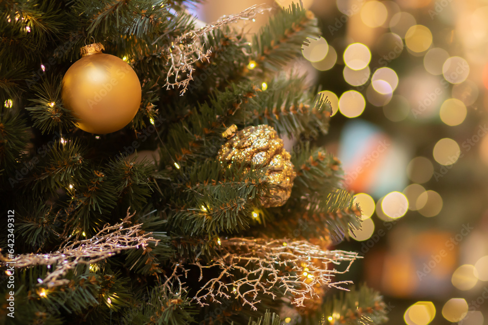 christmas online shopping background with christmas tree,balls and decorations lights