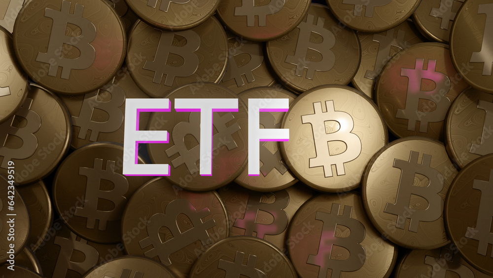 Focus on ETF acronym above numerous BTC coins, bitcoin etf 3D illustration. - obrazy, fototapety, plakaty 