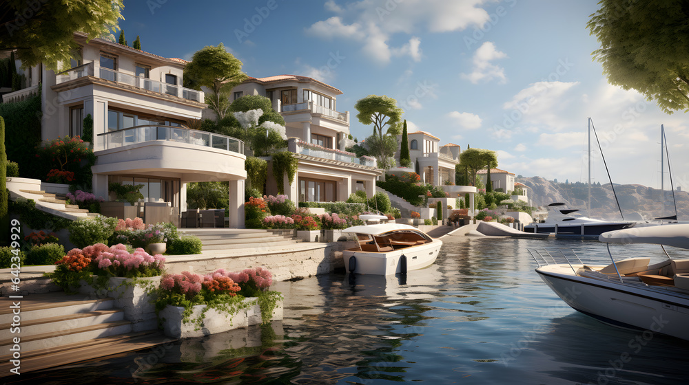 A luxurious house along a Mediterranean harbor showcases its refined design and proximity to the bustling waterfront.