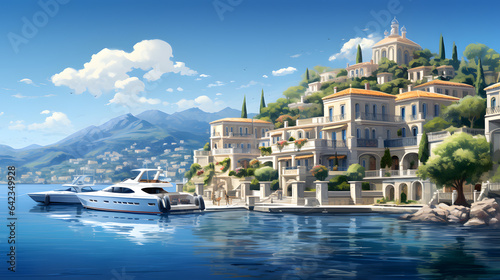 A luxurious house along a Mediterranean harbor showcases its refined design and proximity to the bustling waterfront.