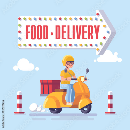 Food delivery cartoon concept. Flat delivery man on delivery scooter. Vector illustration