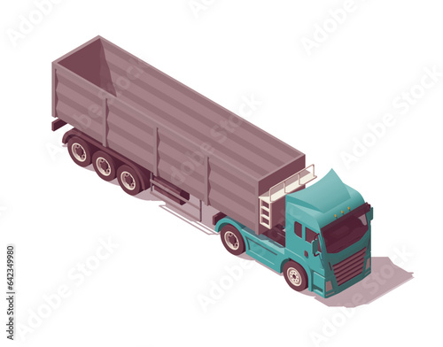 Isometric logistic semi truck. Truck with grain semi trailer. Vector illustration