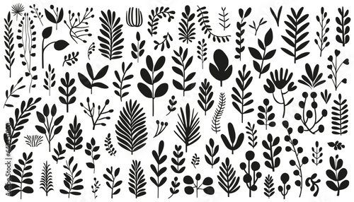 Foliage silhouette collection. set of botanical black elements in flat style isolated on white background. Vector illustration