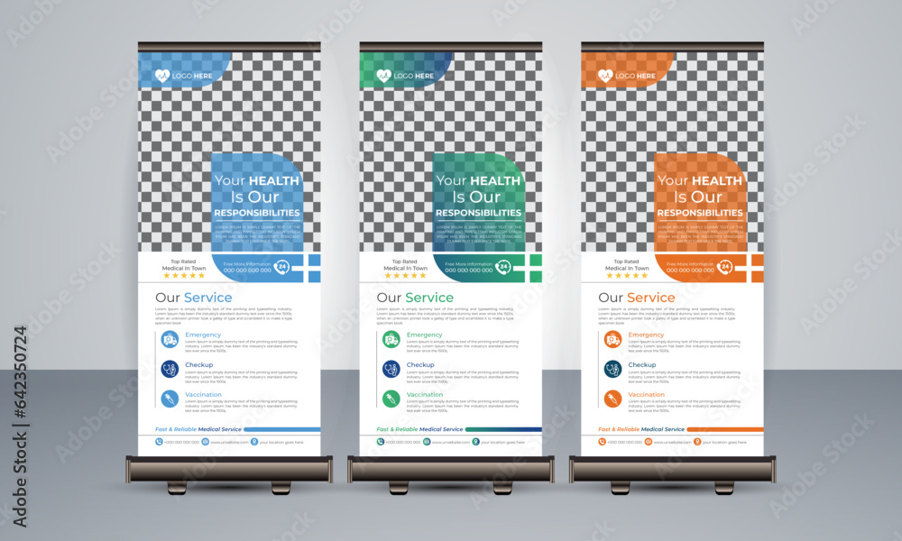 Medical rollup or X banner design template, Elegant medical health care rollup banner template bundle, Healthcare and medical rollup and standee banner design template.