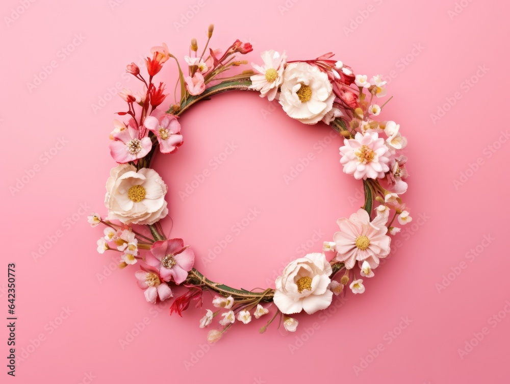 Beautiful Different small flowers in a wreath on pink background with copy space. Generative AI image weber.