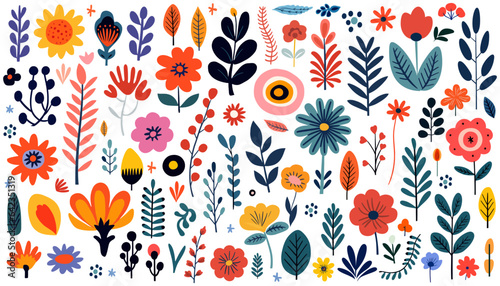Abstract Hand drawn abstract wildflowers, set flowers and leaves, flat icons. Vector illustration