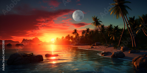 Beautiful sunset tropical beach with palm tree . Peaceful tropical background