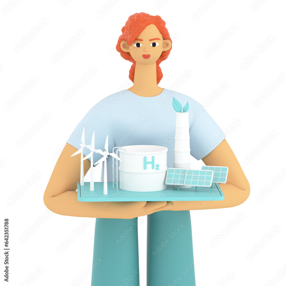 The concept of renewable green energy. Woman is holding eco-friendly energy sources: wind power, hydroelectric power, solar energy panels. 3d render illustration. The concept of renewable green energy. Woman is holding eco-friendly energy sources: wind power, hydroelectric power, solar energy panels. 3d render illustration.