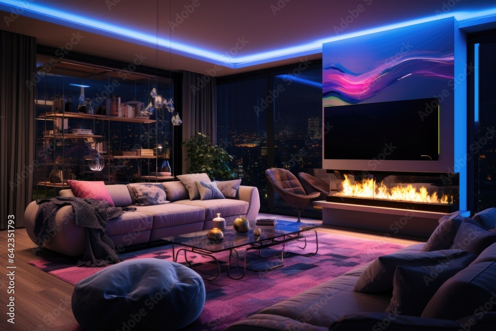 The interior of a modern living room with a fireplace and neon lighting The interior of a modern living room with a fireplace and neon lighting