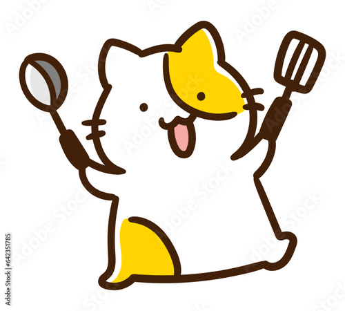 料理をしようとはしゃぐかわいいねこのキャラクターのデフォルメイラスト
