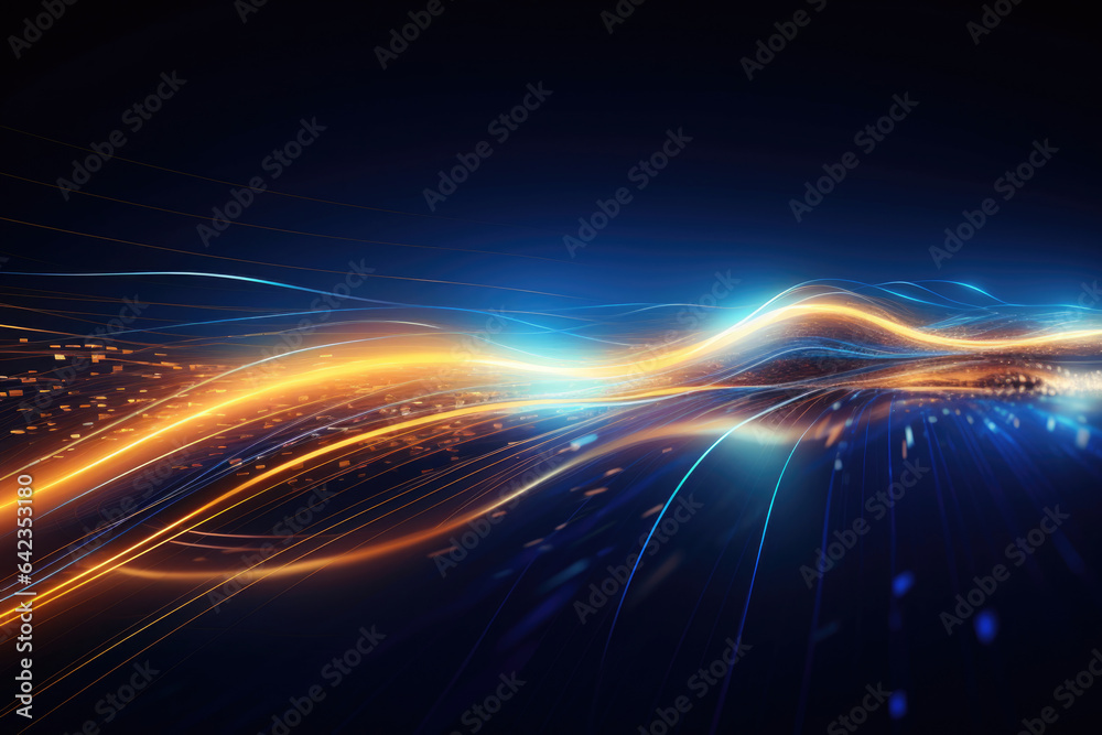 Abstract futuristic background with glowing neon lines, waves moving at high speed.
