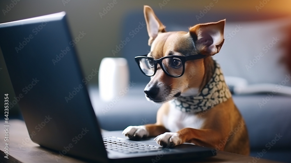 Smart dog using computer. Funny pet in gray jumper and nerd glasses typing on laptop keyboard. Freelancer lifestyle working from home - obrazy, fototapety, plakaty 