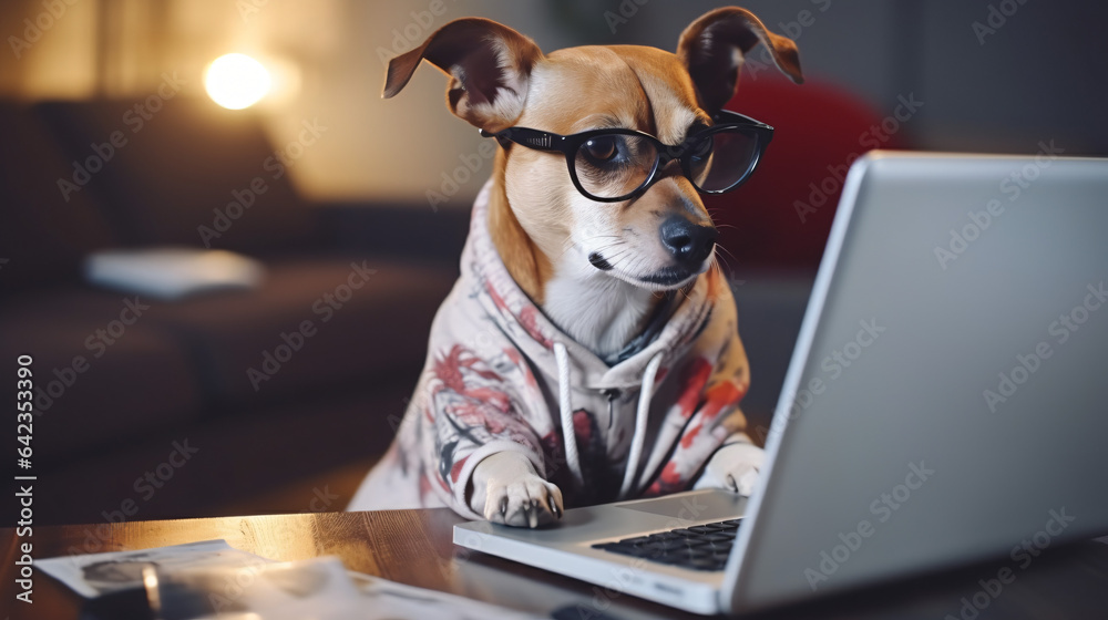 Smart dog using computer. Funny pet in gray jumper and nerd glasses typing on laptop keyboard. Freelancer lifestyle working from home - obrazy, fototapety, plakaty 