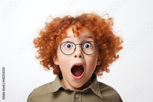 Surprised curly-haired boy with glasses on a white background