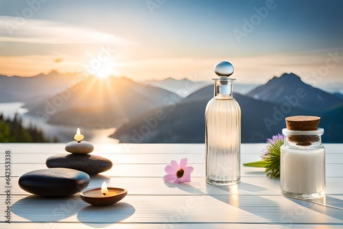 spa stones  candles and oil bottles  along with the beautiful view of setting sun in the mountains  Generative AI