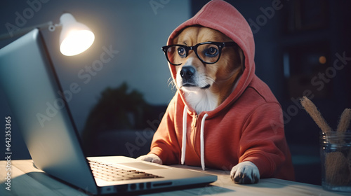Smart dog using computer. Funny pet in gray jumper and nerd glasses typing on laptop keyboard. Freelancer lifestyle working from home