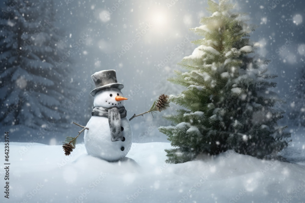 Snowman next to a Christmas tree in a snowy landscape. New years eve and Christmas concept