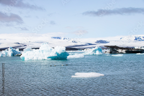 Ice floes in a glacial lake in Iceland with vulcano mountains in the background, the climate crisis in northern Europe, glacial melting, beautiful landsacpe © jochen