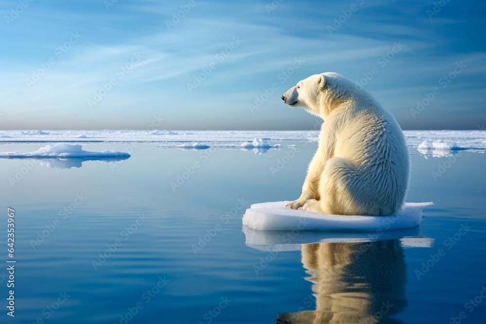 ours polaire seul sur iceberg à la dérive à cause du réchauffement climatique - obrazy, fototapety, plakaty 
