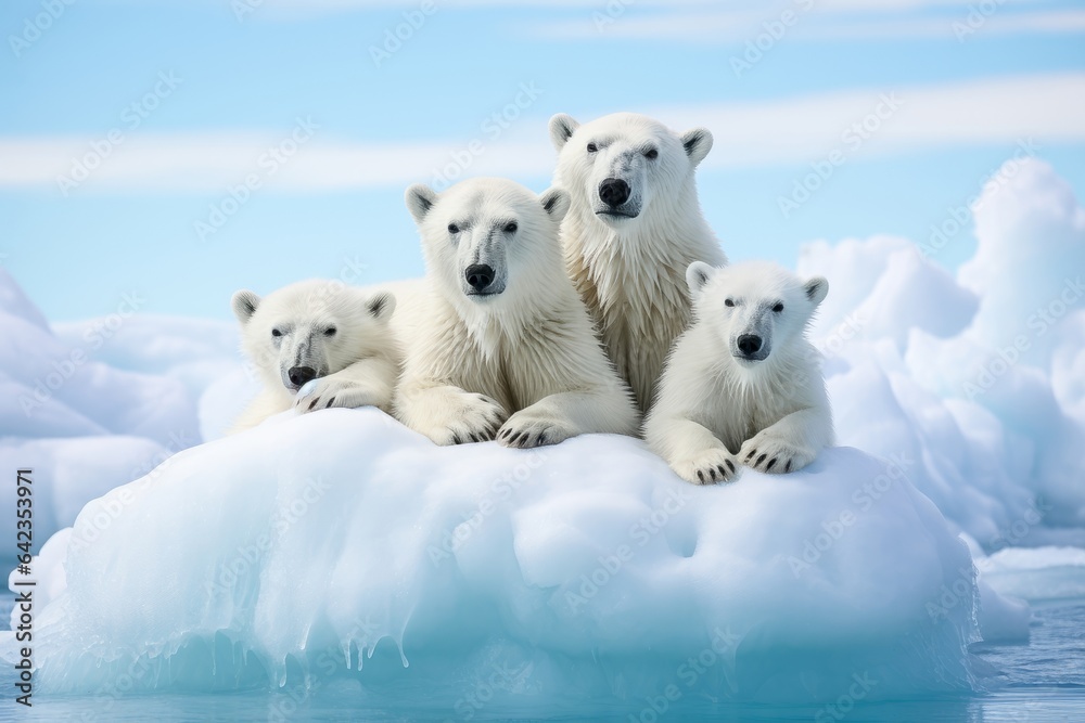 famille d'ours prisonniers du réchauffement climatique, à la dérive sur la banquise. - obrazy, fototapety, plakaty 