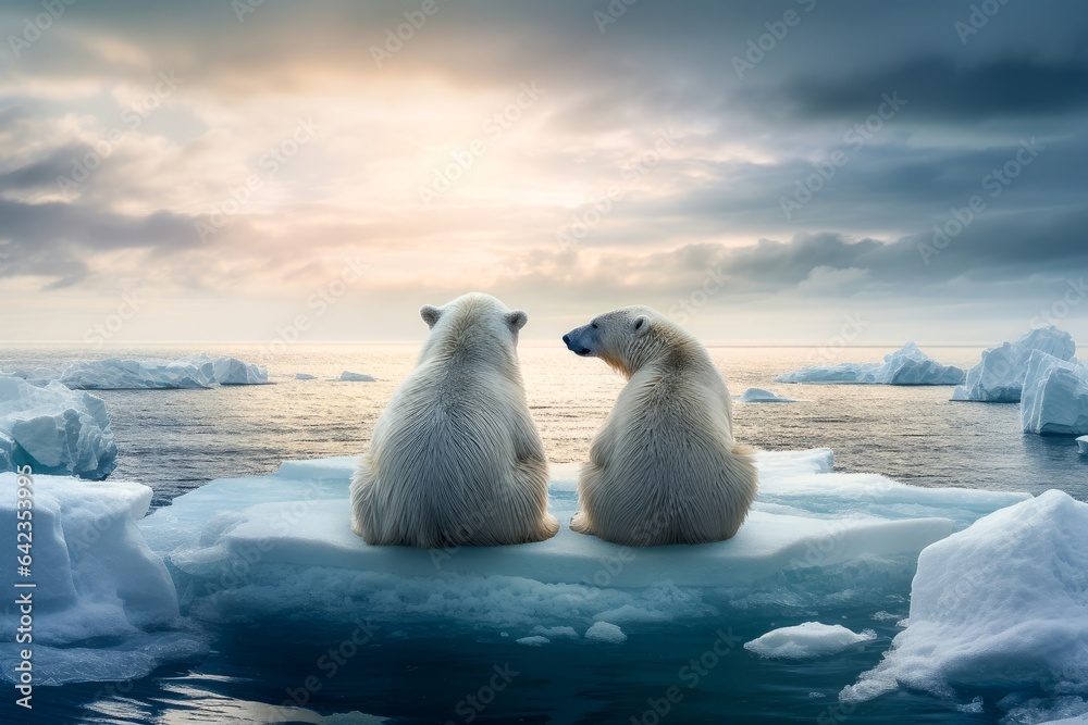 disparition ours polaire avec le réchauffement climatique, animaux sur la banquise à la dérive, espèce en danger, en voie de disparition.. - obrazy, fototapety, plakaty 