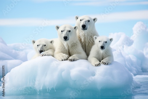 famille d'ours prisonniers du réchauffement climatique, à la dérive sur la banquise.