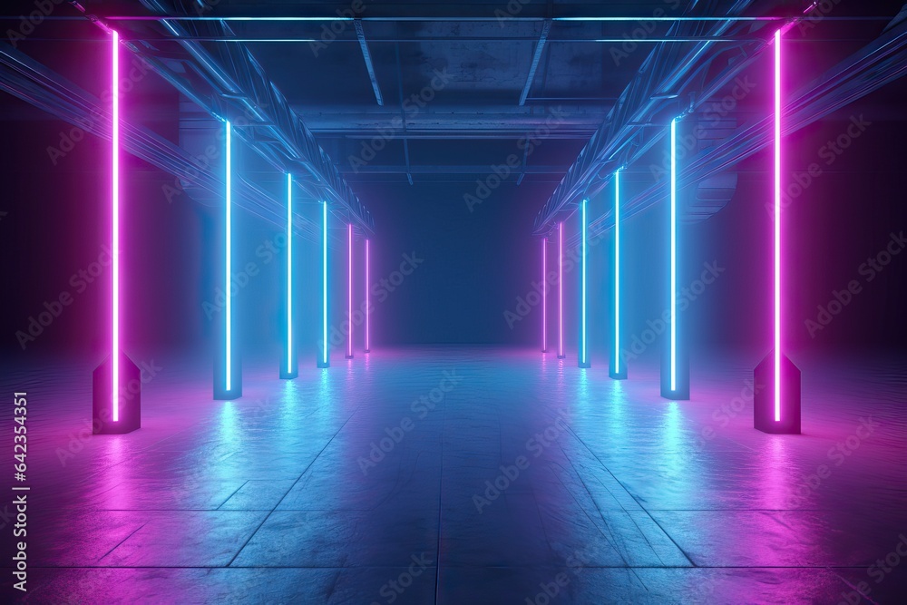 architecture 3D Neon blue Empty background Glowing architectural Blue Tube abstract Lights Refelctions Futuristic Space Floor Sci three-dimensional Room building Concrete Purple Fi Rendering bright